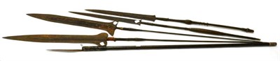 Lot 405 - Four Upper Congo Spears, each with large flat leaf shape blade, short wire bound grip and...