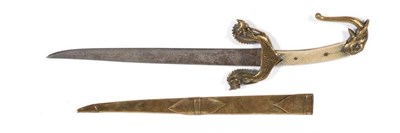 Lot 413 - A 19th Century Burmese Knife, with 27cm single edge steel blade, the brass hilt with down-swept...