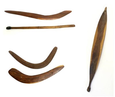 Lot 431 - A Collection of Five Australian Aboriginal Weapons, comprising a woomera with gum bound handle,...