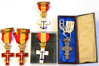 Lot 7 - Five Spanish Crosses of Naval Merit, comprising two with Red Decoration, two with White...