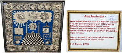 Lot 64 - A 19th Century Masonic Printed Fabric Snuff Handkerchief, decorated with various Masonic...