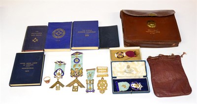 Lot 66 - A Quantity of Masonic Regalia, comprising five silver gilt and enamel jewels, including a good Past