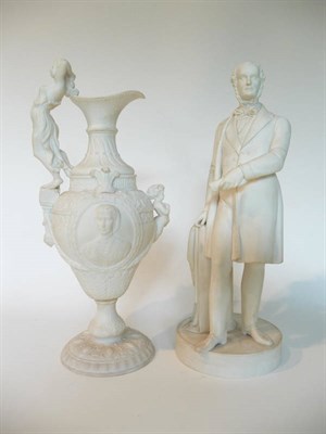 Lot 43 - A Parian Figure of Gladstone, circa 1855, standing beside a column holding a scroll, on a...