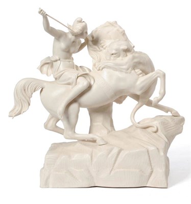 Lot 50 - A Parian Figure Group of Amazon on Horseback Attacking a Tiger, circa 1870, she holds a spear...