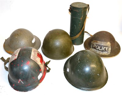 Lot 173 - Two Second World War Brodie Helmets, one lacking liner; a 1943 Pattern British Army Helmet,...