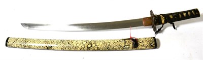 Lot 237 - A Shinto Japanese Wakizashi, the 44cm blade with undulating hamon, signed tang, one piece...