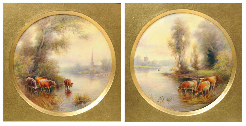 Lot 64 - A Pair of Royal Worcester Porcelain Circular Plaques, John Stinton, 1914, titled On The Thames...