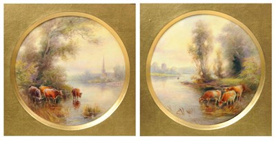 Lot 64 - A Pair of Royal Worcester Porcelain Circular Plaques, John Stinton, 1914, titled On The Thames...