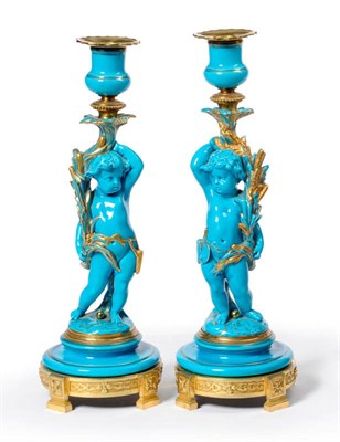 Lot 68 - A Pair of Gilt Metal Mounted Minton Style Turquoise Glazed Porcelain Figural Candlesticks,...