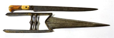 Lot 414 - An 18th Century Indian Katar, the 23cm spear point steel blade with two fullers to each side...