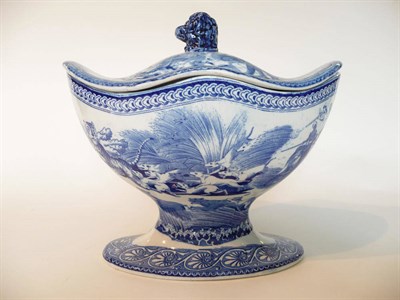 Lot 80 - A Pearlware Boat Shaped Pedestal Tureen and Cover, circa 1820, with lion's head finial printed...