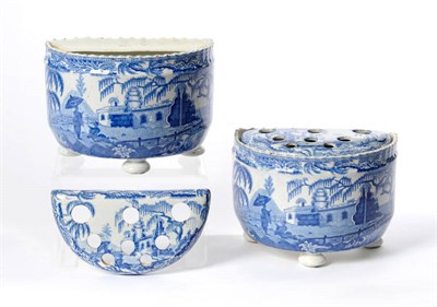Lot 81 - A Pair of Pearlware D Shape Bough Pots and Pierced Covers, probably Davenport, circa 1820, with...