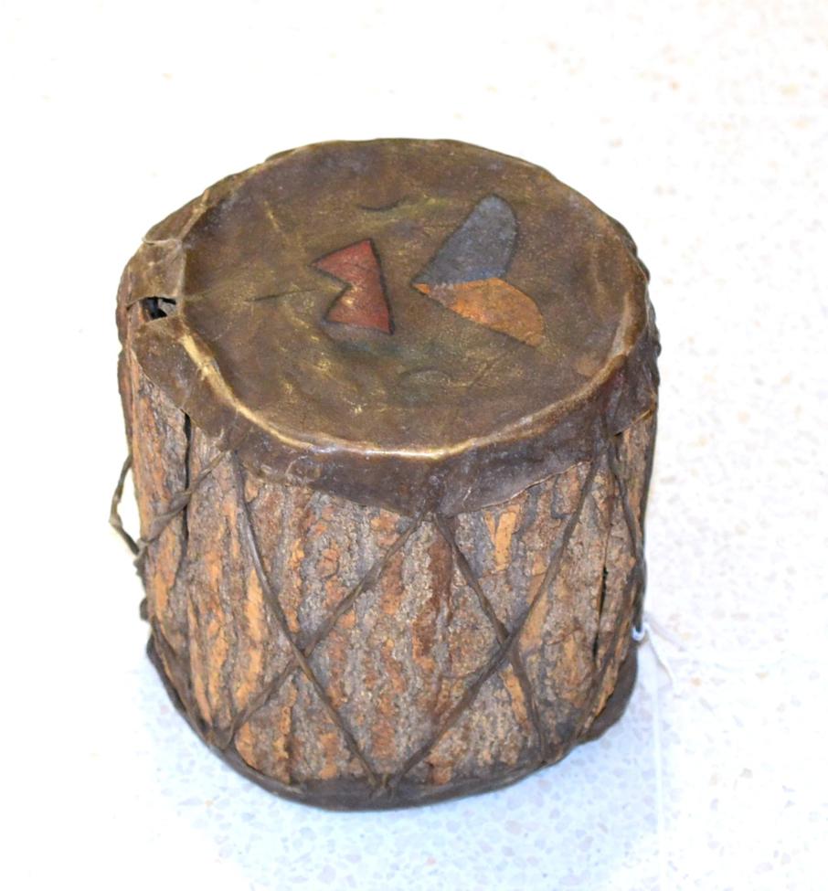 Lot 460 - A North American Indian Bark Drum, the rawhide skins painted with geometric motifs, with gut...