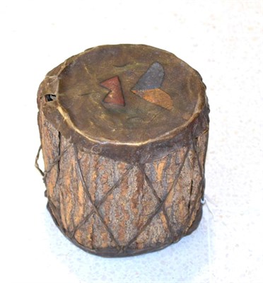 Lot 460 - A North American Indian Bark Drum, the rawhide skins painted with geometric motifs, with gut...