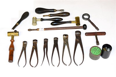 Lot 470 - Gun Accessories, including six steel bullet moulds, a barrel key, two nipple keys, a turnscrew,...