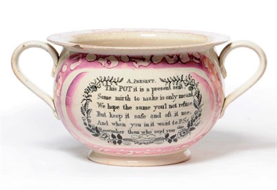 Lot 83 - A Sunderland Lustre Pottery Chamber Pot, circa 1830, with twin strap handle, printed in black...