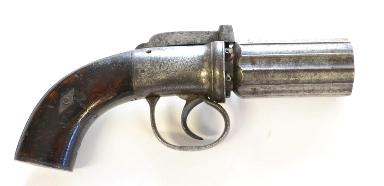 Lot 513 - A 19th Century Six Shot Pepperbox Percussion Revolver, the 7cm cylinder with Birmingham proof...