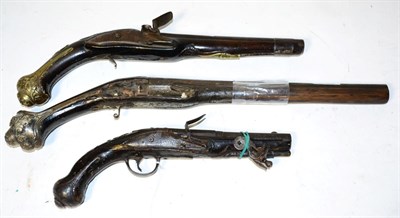 Lot 533 - Three 18th Century Continental Flintlock Holster Pistols, all in relic condition, one with...