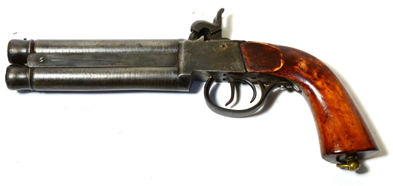 Lot 539 - A 19th Century Belgian Over and Under Percussion Pistol, the 14.5cm ring engraved barrels with...