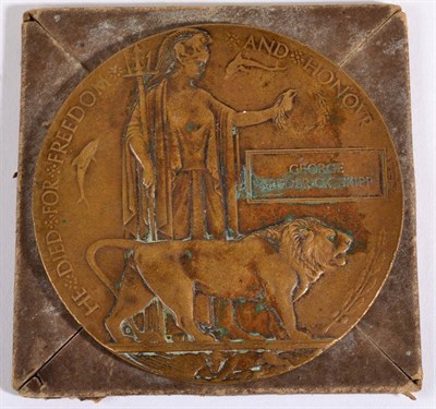 Lot 21 - A First World War Memorial Plaque, to GEORGE FREDERICK SKIPP, in cardboard envelope of issue...