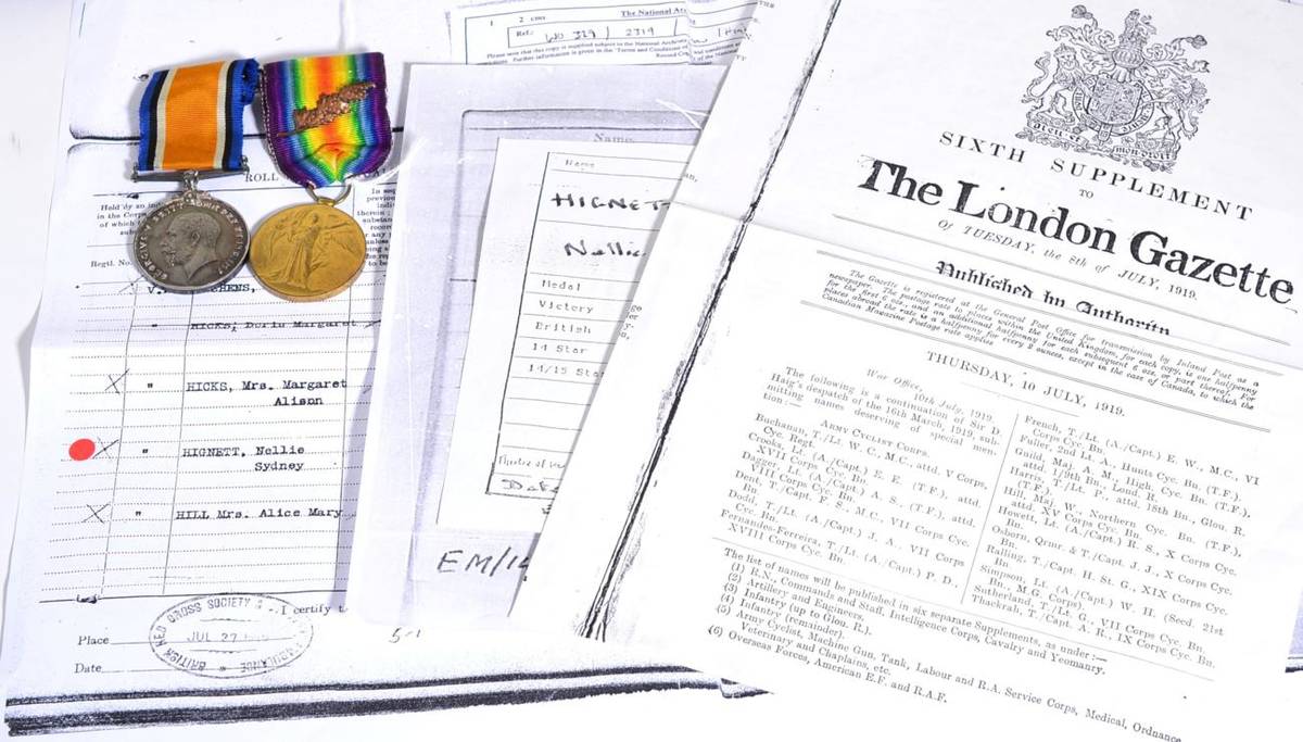 Lot 32 - Voluntary Aid Detachment  - A First World War Pair, awarded to Nellie Sydney Hignett V.A.D.,...