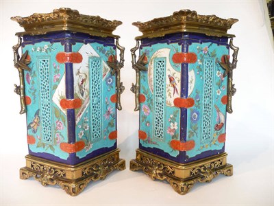 Lot 100 - A Pair of Aesthetic Style Brass Mounted Staffordshire Pottery Vases, circa 1880, of lozenge...