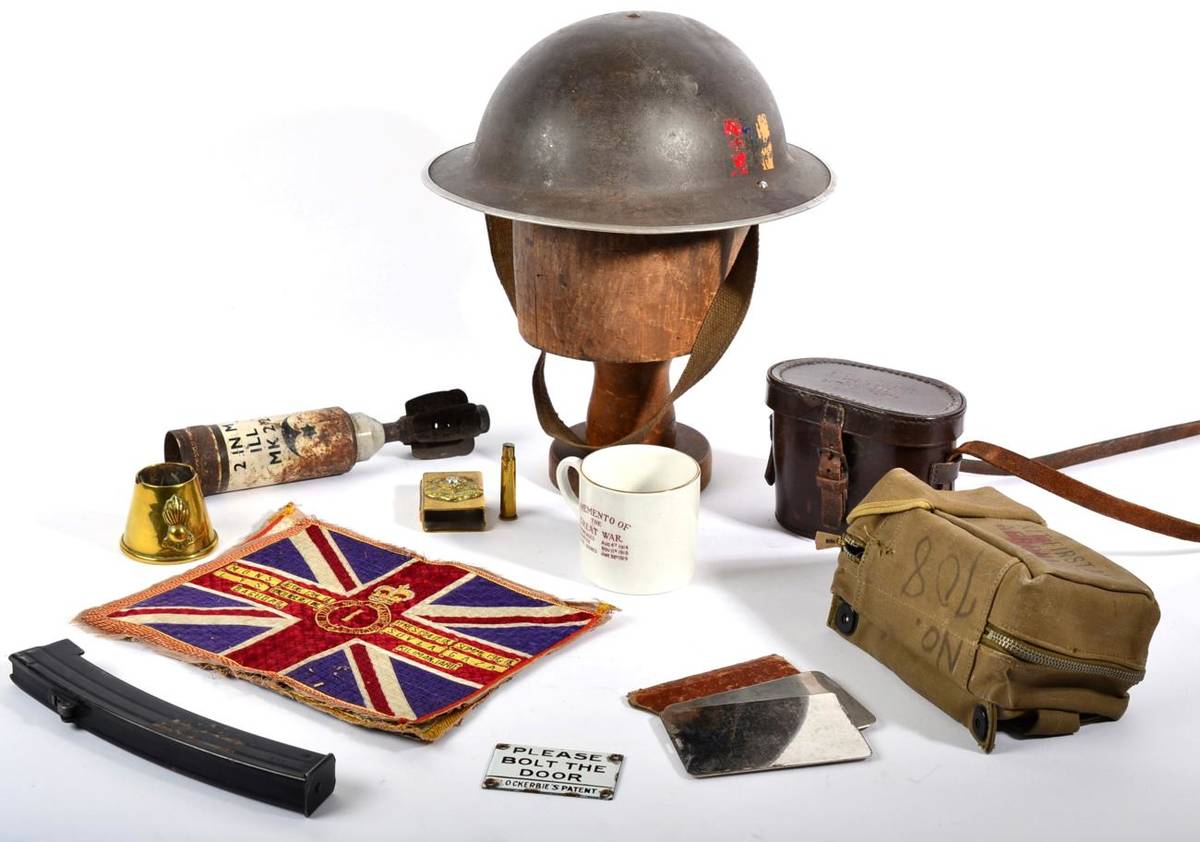 Lot 86 - Assorted Items of Militaria, including Brodie helmet, the shell with applied red, blue and...