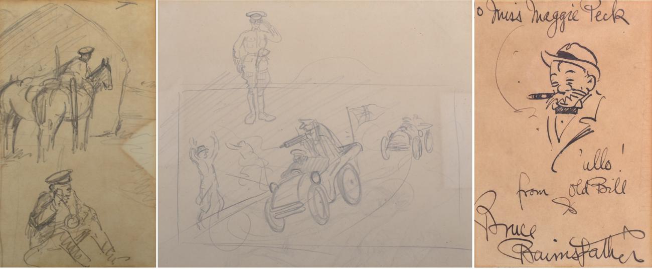 Lot 89 - Bruce Bairnsfather - a signed dedicated caracature sketch of Old Bill ";To Miss Maggie Peck, 'ullo!