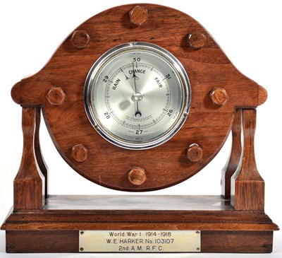 Lot 98 - A Royal Flying Corps Barometer, the case made from a laminated teak propeller boss, set with an...