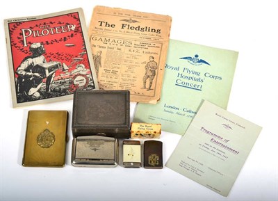 Lot 105 - A Collection of Royal Flying Corps Related Items, comprising:- a white metal cigarette box set with