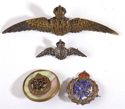 Lot 107 - A Pair of Royal Flying Corps Brass Wings, with two blade fixings; three Various Royal Flying...