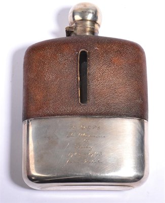 Lot 113 - A Silver and Glass Hip Flask, with hinged baton fastening cover and pigskin shoulders, the pull-off