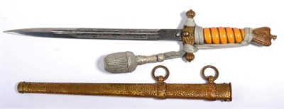 Lot 163 - A German Third Reich Naval Officer's Dirk, the double edge steel blade with two narrow fullers...