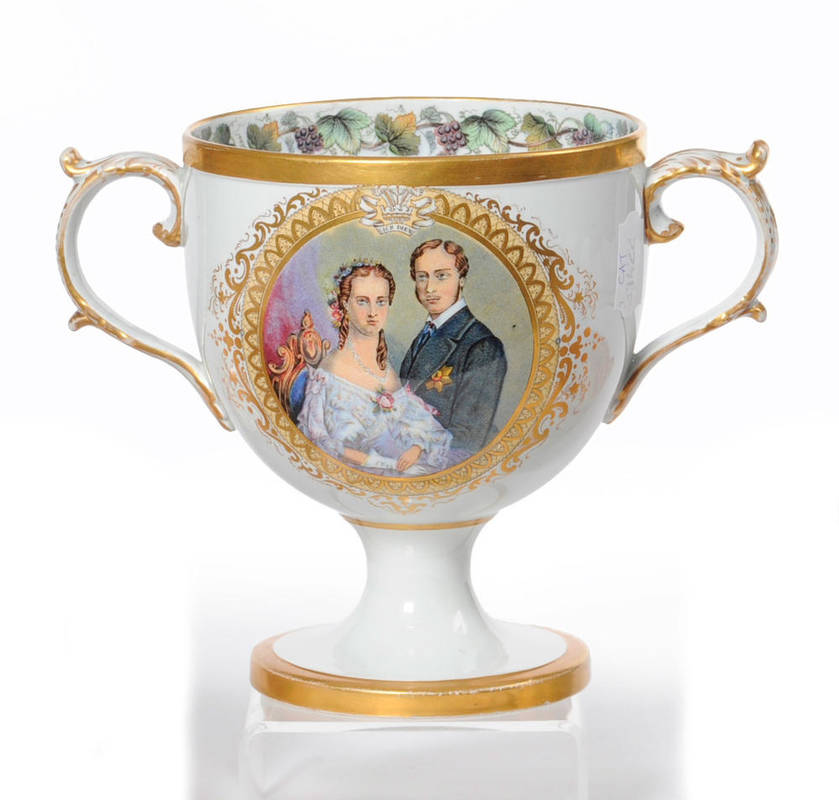 Lot 114 - A Pratt Type Pottery Loving Cup, circa 1863, the ovoid bowl with leaf sheathed handles, on a...