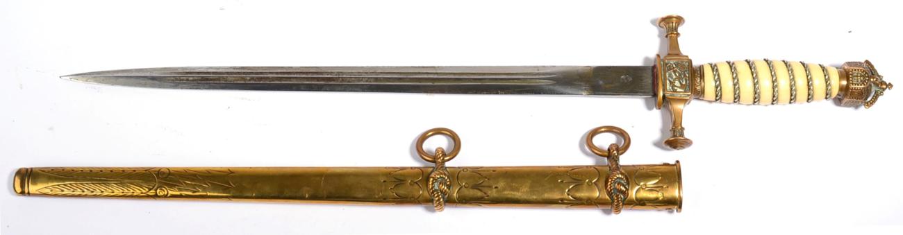 Lot 226 - An Imperial German Naval Dress Dagger, the 32 cm double-fullered damascus blade stamped maker's...