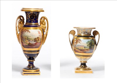 Lot 117 - An English Porcelain Urn Shaped Vase, circa 1820, with trumpet neck and dolphin scroll handles on a