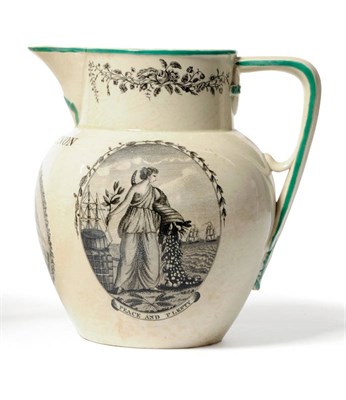 Lot 119 - A Creamware Act of Union Jug, circa 1800, of ovoid form with angular handle, transfer printed...