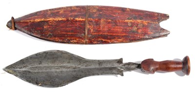 Lot 282 - A Luba Short Sword, Congo, with 33cm broad double edge shaped steel blade, wood baluster grip...
