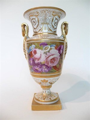 Lot 129 - An English Porcelain Urn Shaped Vase, circa 1820, with leaf scroll and loop handles, painted...