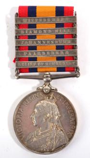 Lot 13 - A Queen's South Africa Medal, with five clasps RELIEF OF KIMBERLEY, PAARDEBERG, JOHANNESBURG,...