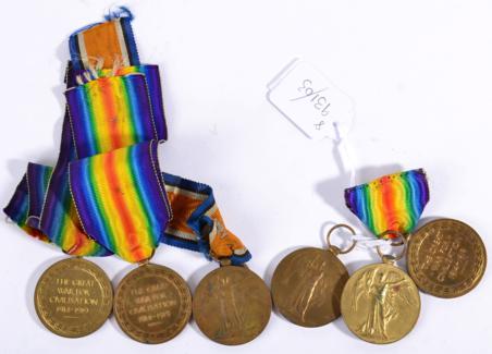 Lot 24 - Six First World War Victory Medals, awarded to:- 19842 PTE.J. HANLON. R.LANC.R.; G- 42699...