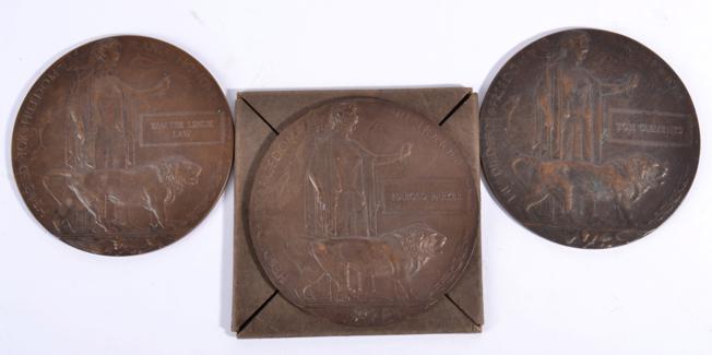 Lot 25 - Three First World War Bronze Memorial Plaques, awarded to HAROLD PARKER, in cardboard envelope...