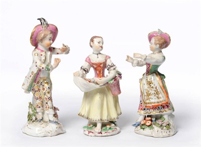 Lot 139 - A Pair of Bow Porcelain Figures of New Dancers, circa 1770, he with pink hat and yellow brocade...