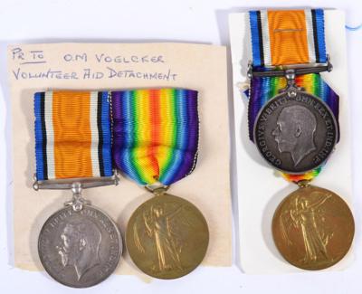 Lot 54 - Voluntary Aid Detachment - Two First World War Pairs, each comprising British War Medal and Victory