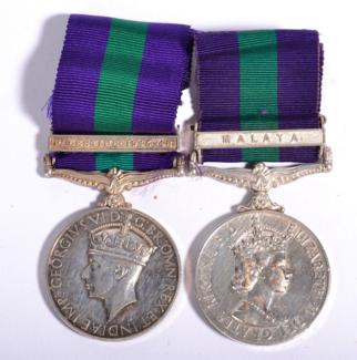 Lot 79 - Two General Service Medals 1918-62:- George VI, with clasp PALESTINE 1946-48, awarded to...