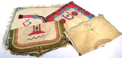 Lot 106 - Masonic Interest: A George III embroidered silk masonic apron, I.M. 162, mounted with three...