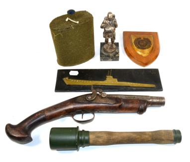 Lot 126 - A Collection of Assorted Militaria, comprising a plated, white metal figure of a German...