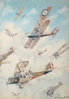 Lot 131 - Bertram Sandy (British School, 19th/20th century), ";A Handley Page Bomber in Flight,...