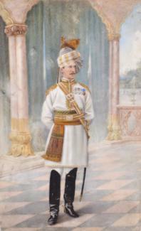Lot 156 - Portrait of a British Indian Army Cavalry Officer, in full dress, standing full length on a...