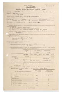 Lot 166 - Dambuster interest: An Air Ministry Design Certificate For Flight Trials, Form 1187- Lancaster...